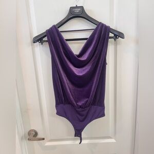 Express Dark Purple Velvet Double Cowl Neck Sleeveless Bodysuit (XS)
